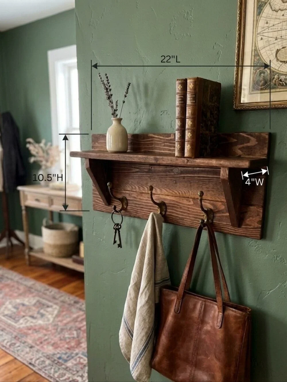 Rustic Wood Wall Shelf with Hooks - Brown